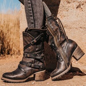 Freebird Cora Black Leather Buckle Mid-Calf Heel Boots